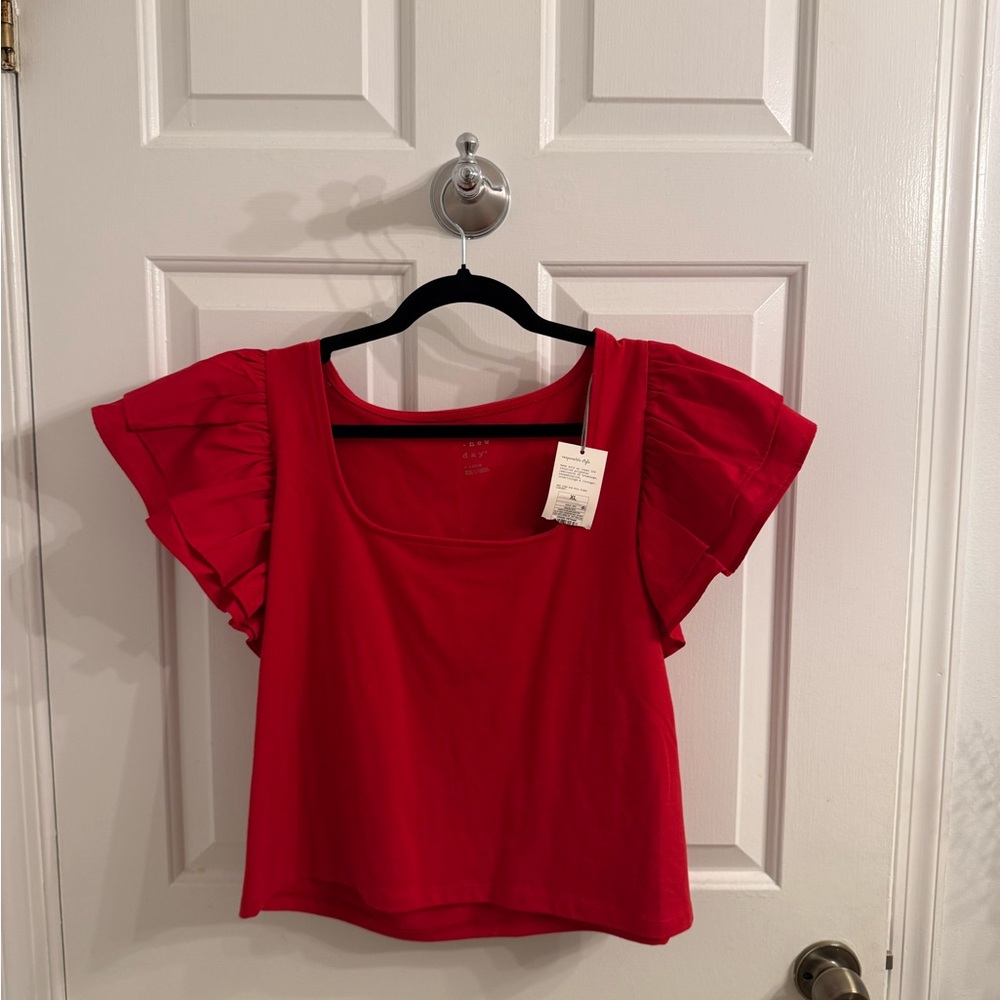 A New Day Red Flutter Sleeve Crop Blouse